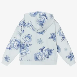 Monnalisa Tops*Girls Blue Floral Cotton Zip-Up Hoodie