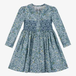 Rachel Riley Dresses*Girls Blue Floral Smocked Cotton Dress