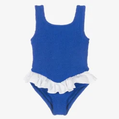 Hunza G Swimwear*Girls Blue Ruffle Crinkle Swimsuit RoyalBlue