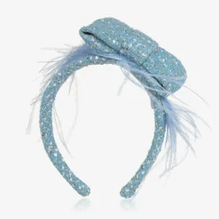 Patachou Hair Accessories*Girls Blue Tweed & Sequin Bow Hairband