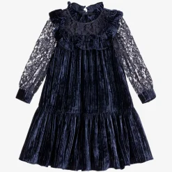 Childrensalon Occasions Dresses*Girls Blue Velour & Lace Dress