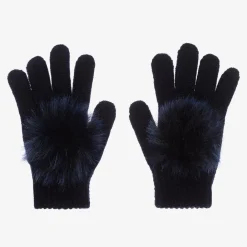 Catya Gloves & Mittens*Girls Blue Wool Knit Pom-Pom Gloves