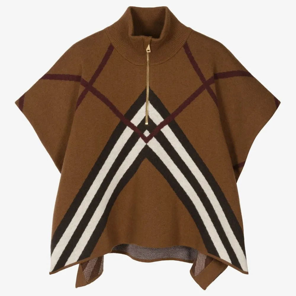 Burberry Coats & Jackets*Girls Brown Chevron Cashmere Cape DarkBirchBrown