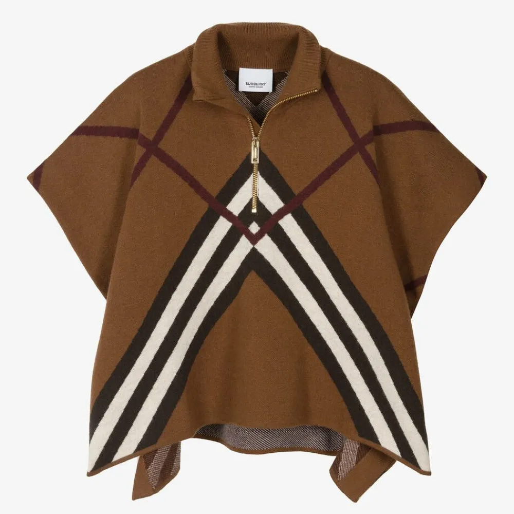 Burberry Coats & Jackets*Girls Brown Chevron Cashmere Cape DarkBirchBrown