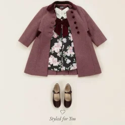Ancar Coats & Jackets*Girls Burgundy Red Wool & Velvet Coat