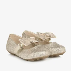Michael Kors Kids Bar Shoes|Bar Shoes*Girls Glittery Gold Bow Ballet Pumps