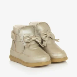 Donsje First Walkers|First Walkers*Girls Gold Leather Bow First Walker Boots Champagne