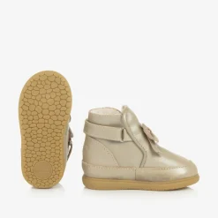 Donsje First Walkers|First Walkers*Girls Gold Leather Bow First Walker Boots Champagne