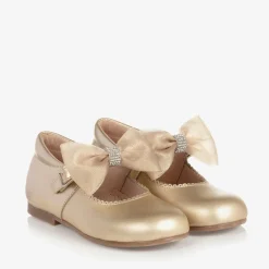 Childrens Classics Bar Shoes*Girls Gold Leather Bow Shoes