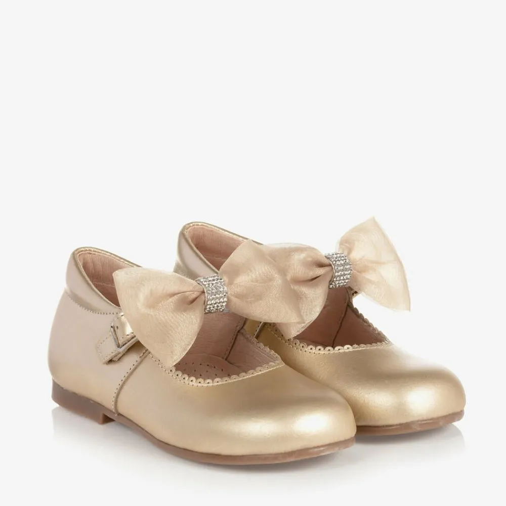 Childrens Classics Bar Shoes*Girls Gold Leather Bow Shoes