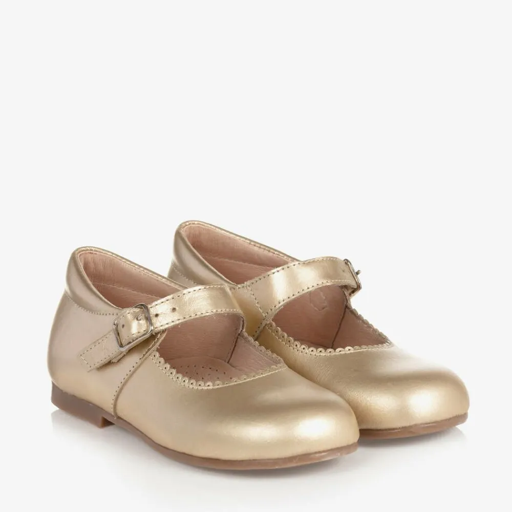 Childrens Classics Bar Shoes*Girls Gold Leather Bow Shoes