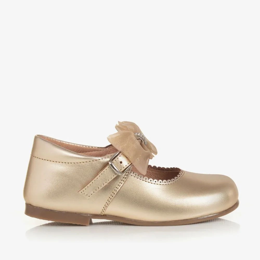 Childrens Classics Bar Shoes*Girls Gold Leather Bow Shoes