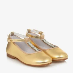 Childrensalon Occasions Bar Shoes|Bar Shoes*Girls Gold Leather Diamanté T-Bar Shoes