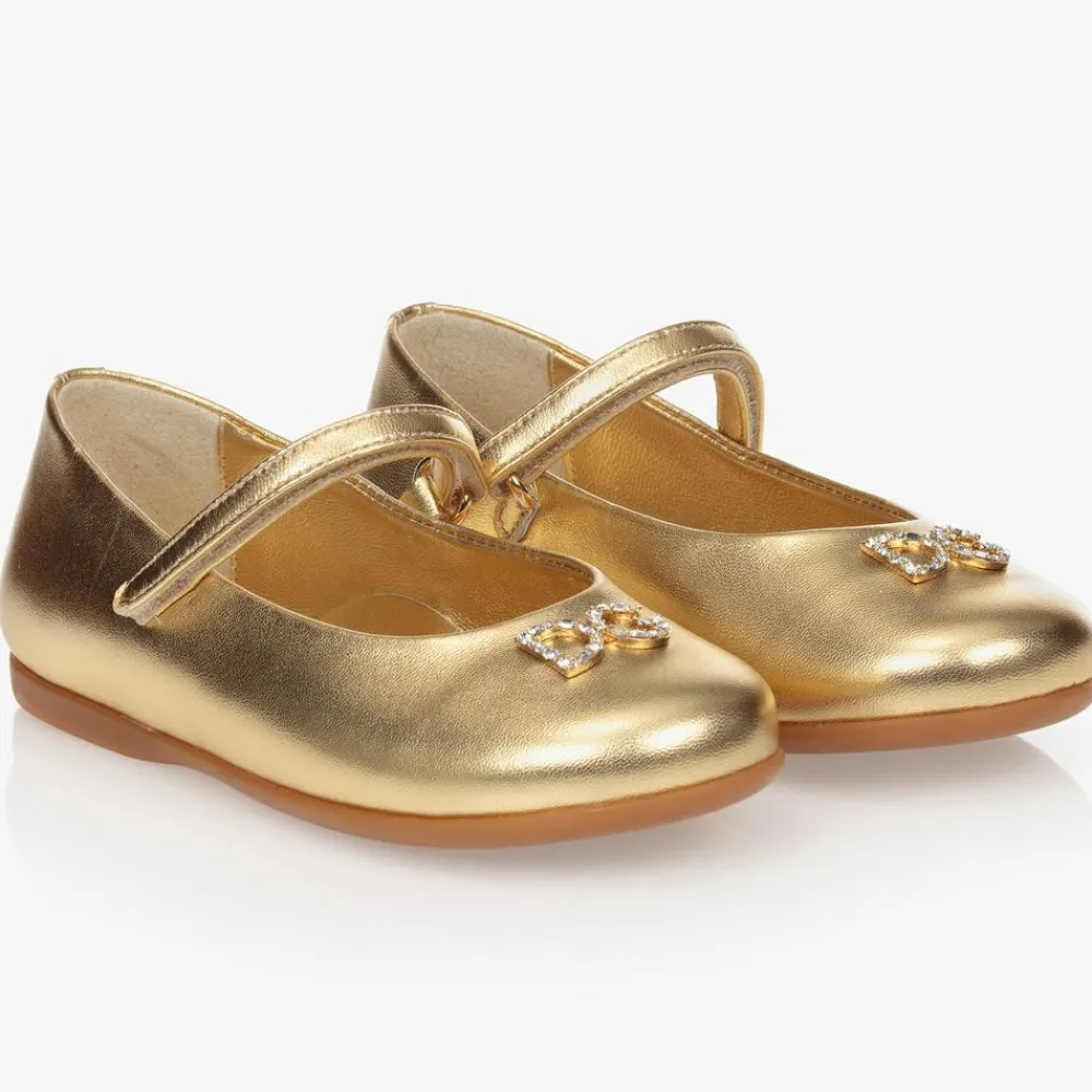 Dolce amp; Gabbana Bar Shoes*Girls Gold Leather Logo Shoes