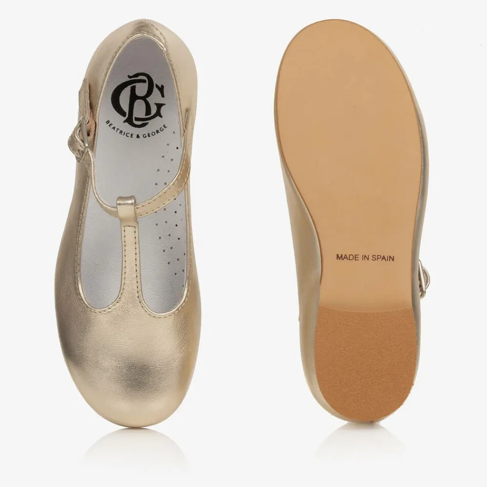Beatrice amp; George Traditional Shoes|Bar Shoes*Girls Gold Leather T-Bar Shoes