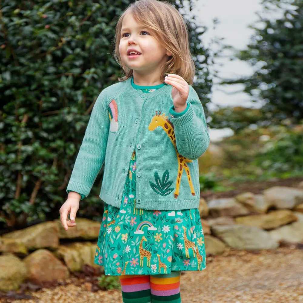 Frugi Tops*Girls Green Cotton Knit Giraffe Cardigan