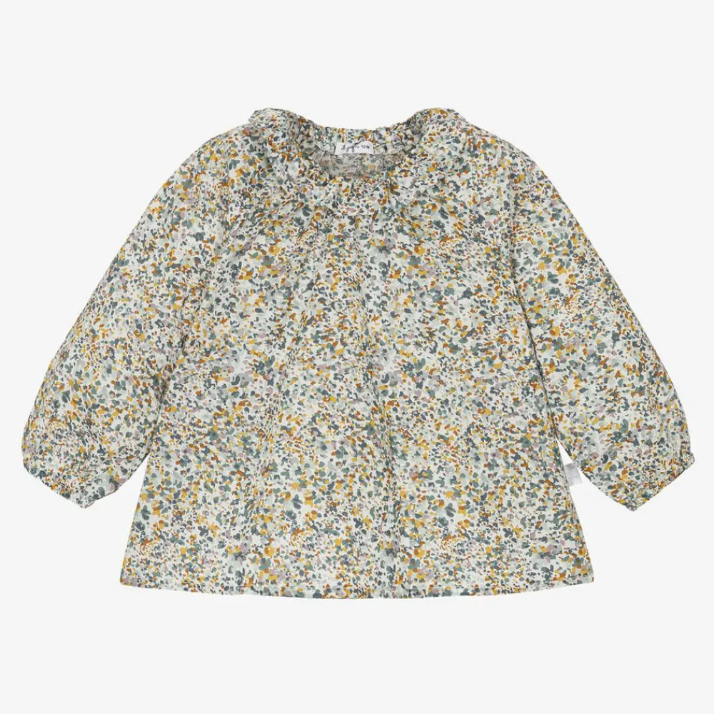 Il Gufo Tops*Girls Green Cotton Liberty Floral Blouse