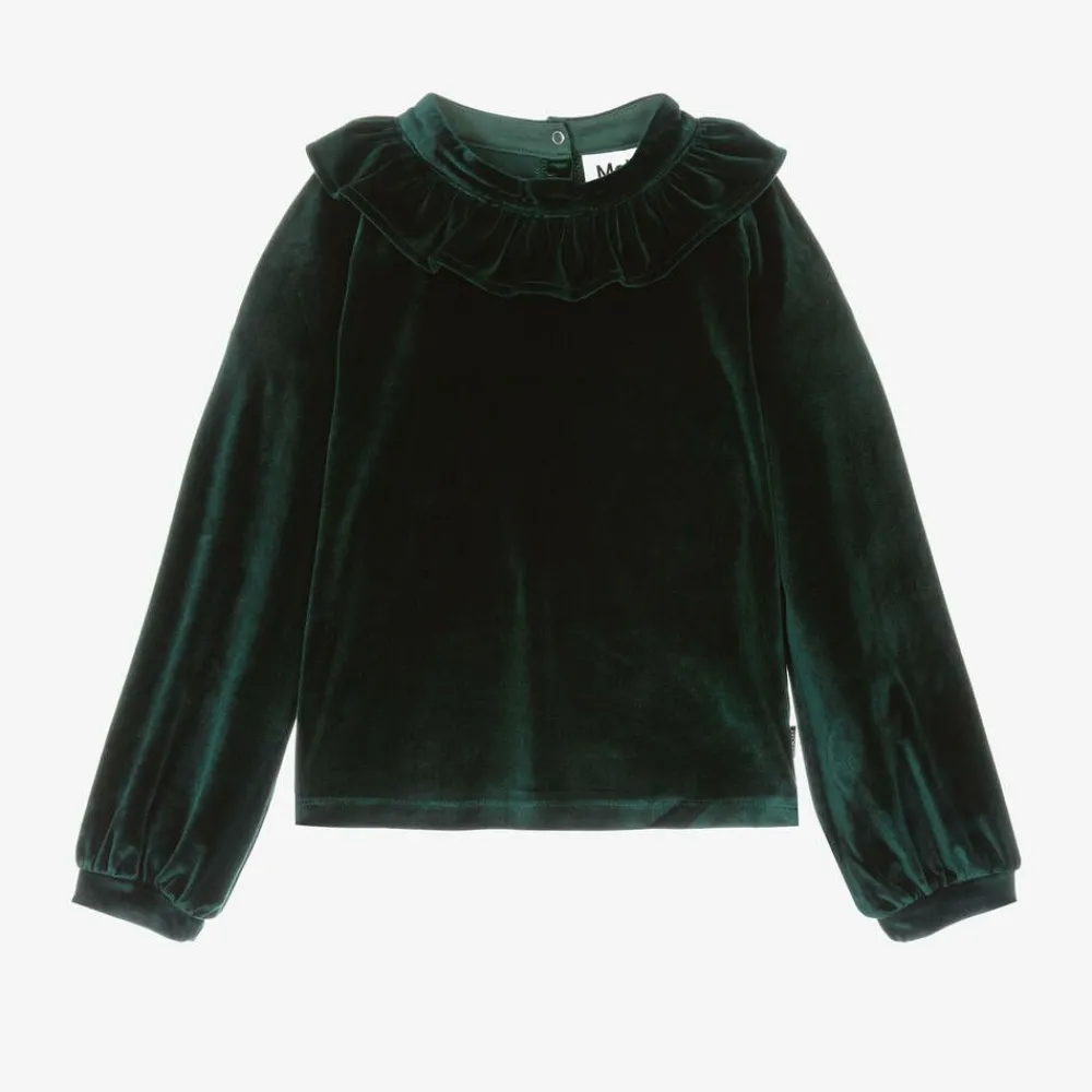 Molo Tops*Girls Green Velour Ruffle Blouse Aventurine