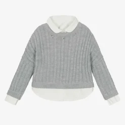 Lapin House Tops*Girls Grey Cable Knit Layered Sweater