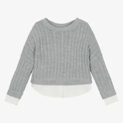 Lapin House Tops*Girls Grey Cable Knit Layered Sweater