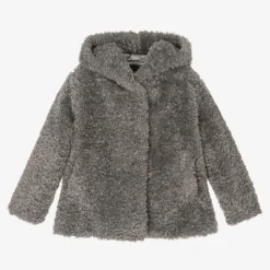 Monnalisa Coats & Jackets*Girls Grey Hooded Faux Fur Coat