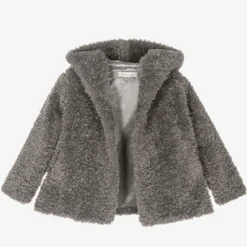 Monnalisa Coats & Jackets*Girls Grey Hooded Faux Fur Coat