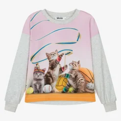 Molo Tops*Girls Grey Organic Cotton Cat Top