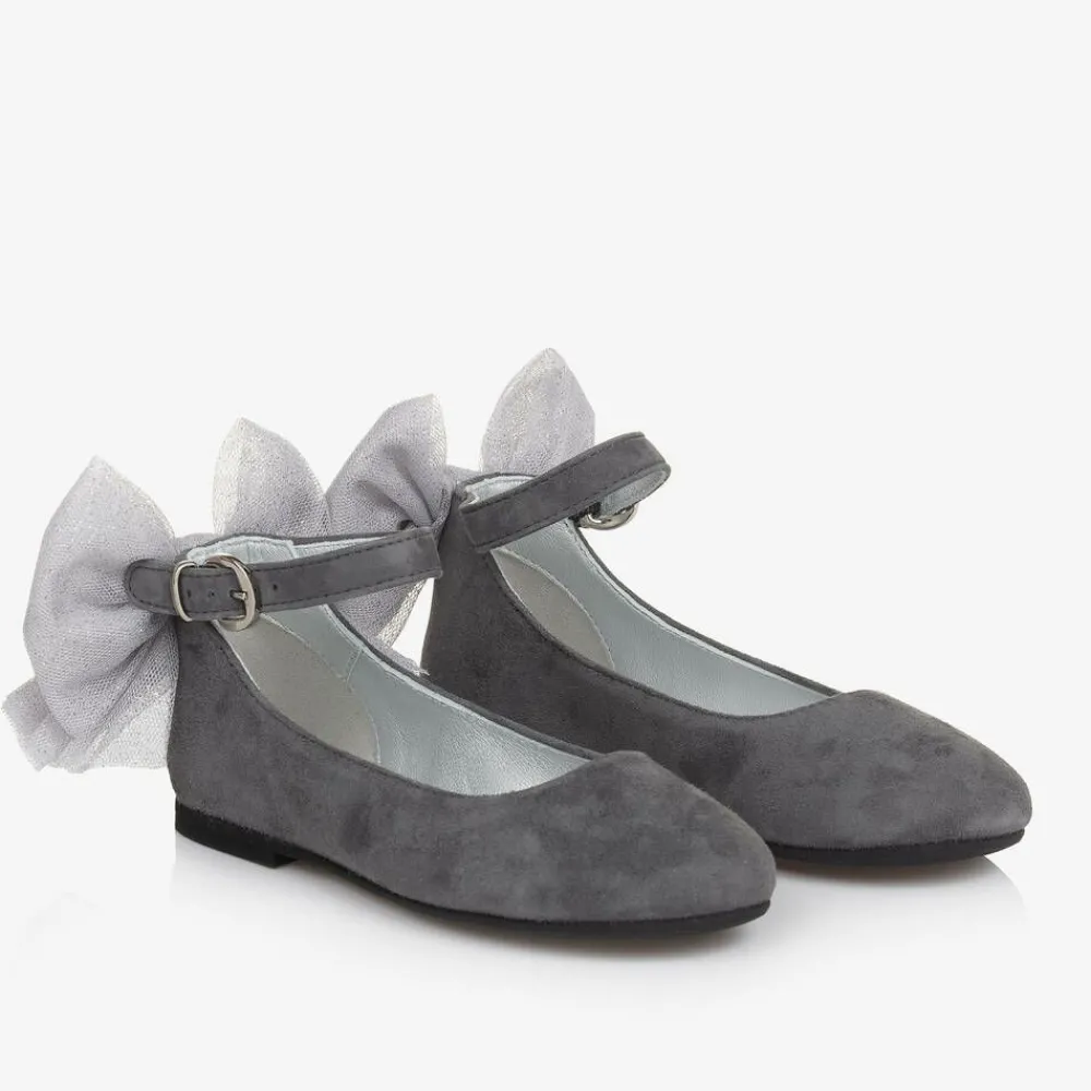 Monnalisa Pumps & Ballerinas|Pumps & Ballerinas*Girls Grey Suede Leather Bow Shoes