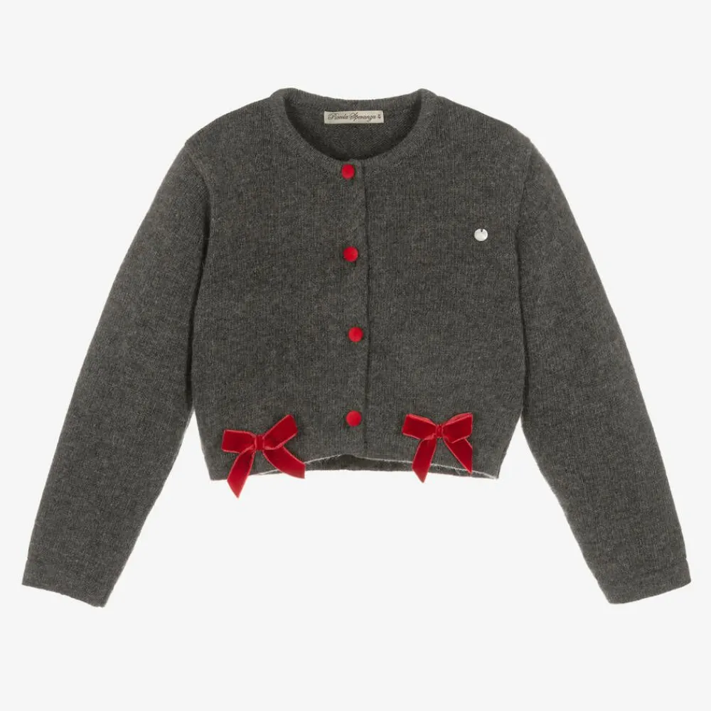 Piccola Speranza Tops*Girls Grey Wool & Red Velvet Bow Cardigan