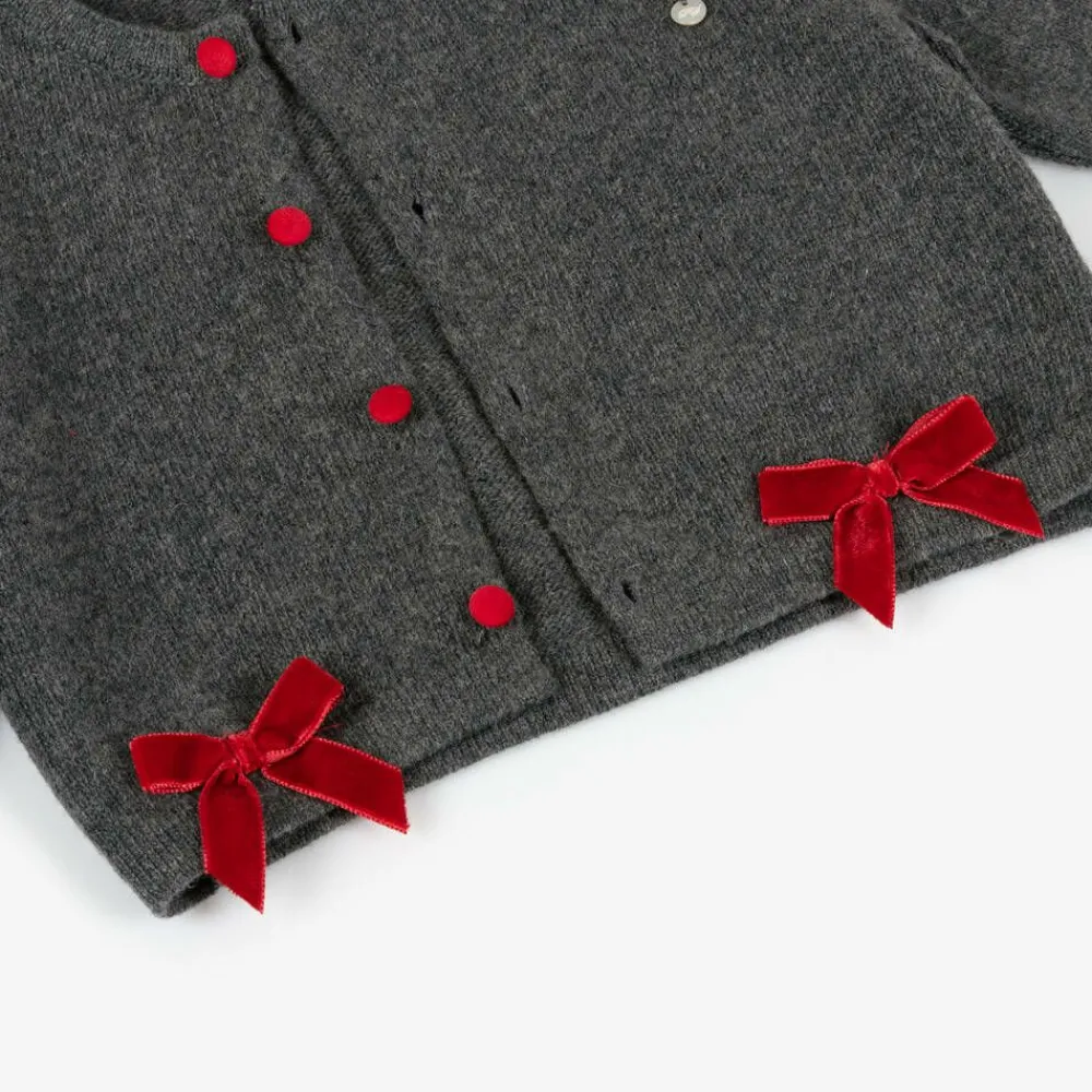 Piccola Speranza Tops*Girls Grey Wool & Red Velvet Bow Cardigan