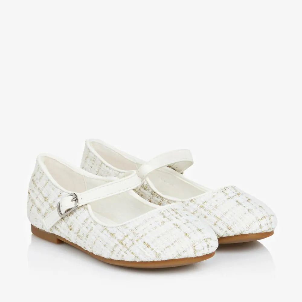 Sevva Bar Shoes|Bar Shoes*Girls Ivory & Gold Tweed Shoes