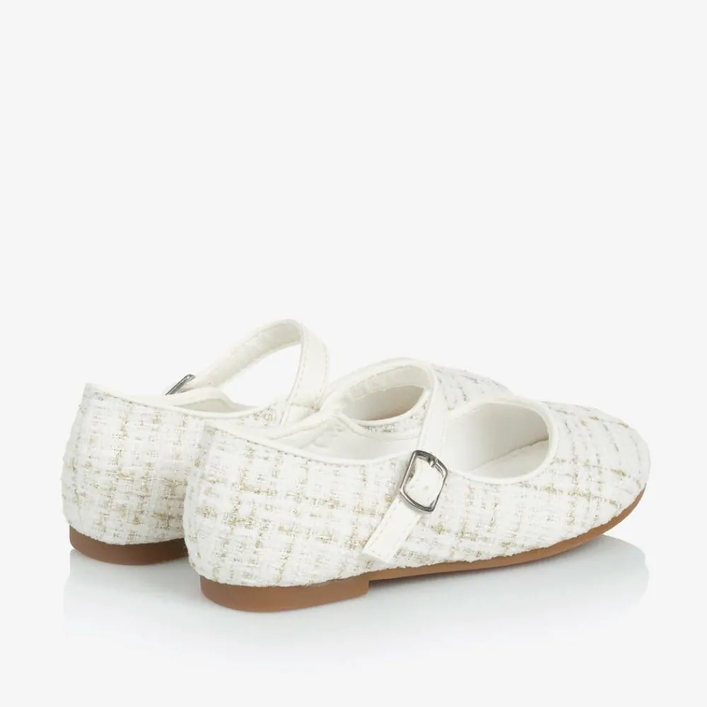 Sevva Bar Shoes|Bar Shoes*Girls Ivory & Gold Tweed Shoes