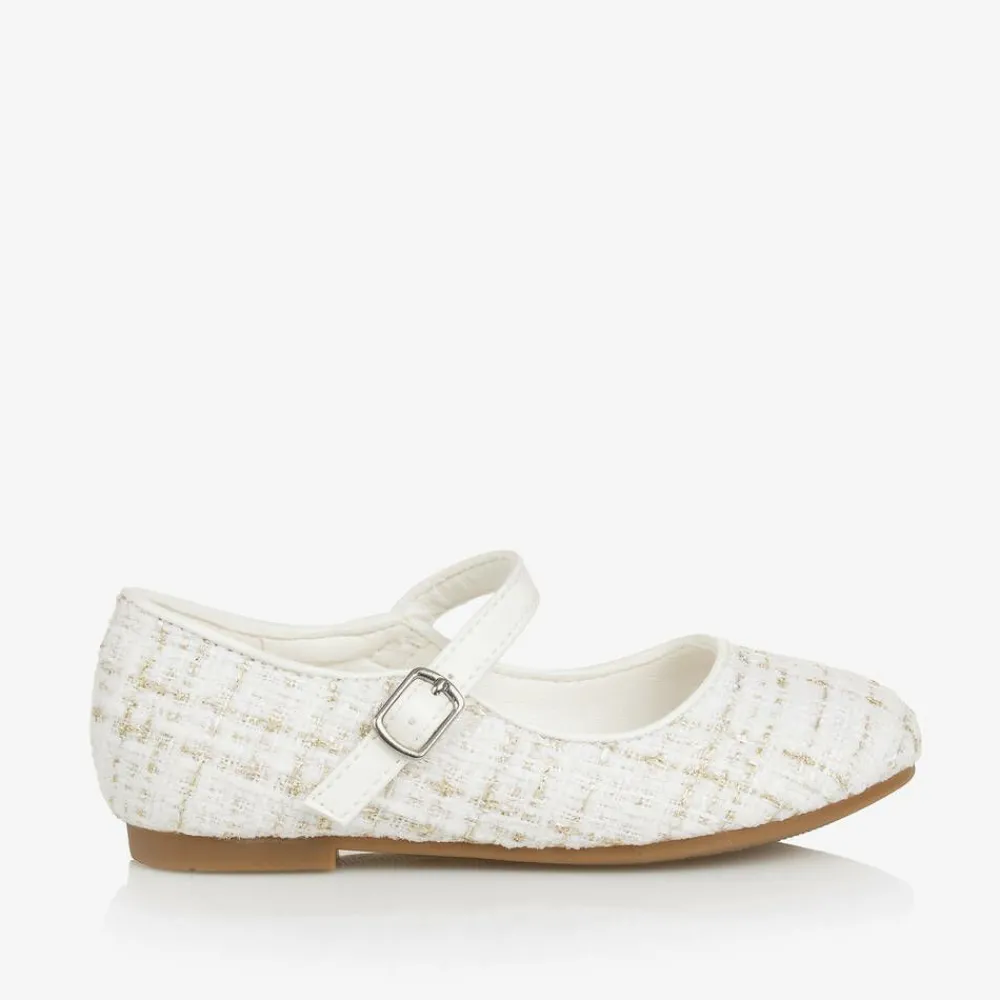 Sevva Bar Shoes|Bar Shoes*Girls Ivory & Gold Tweed Shoes