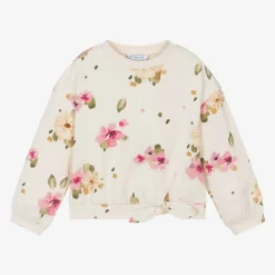 Mayoral Tops*Girls Ivory & Pink Floral Cotton Sweatshirt