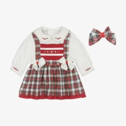 Pretty Originals Dresses*Girls Ivory & Red Tartan Pinafore Dress Set