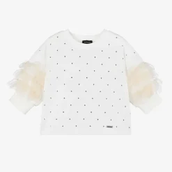 Monnalisa Tops*Girls Ivory Cotton & Tulle Stud T-Shirt