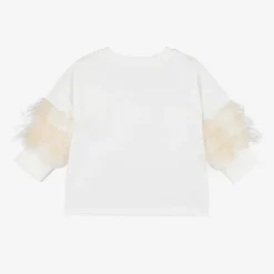 Monnalisa Tops*Girls Ivory Cotton & Tulle Stud T-Shirt