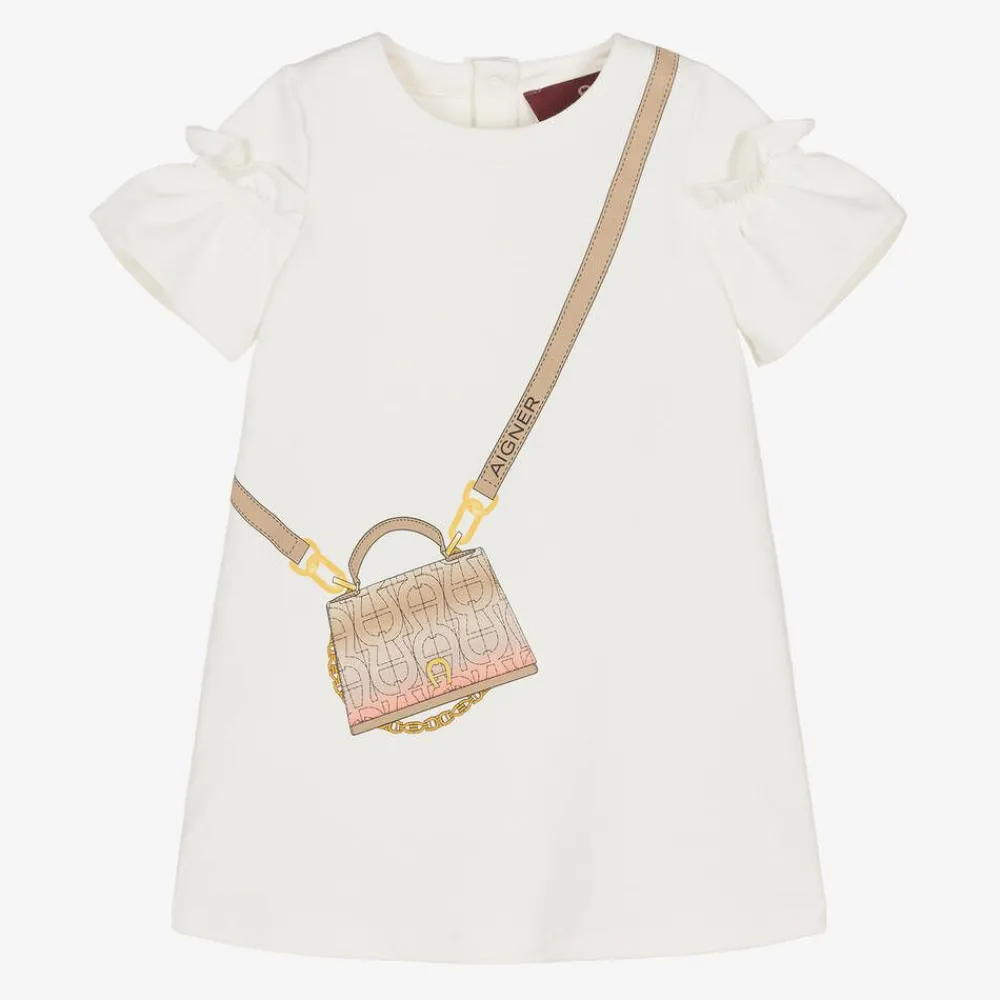 AIGNER Dresses*Girls Ivory Cotton Bag Print Dress