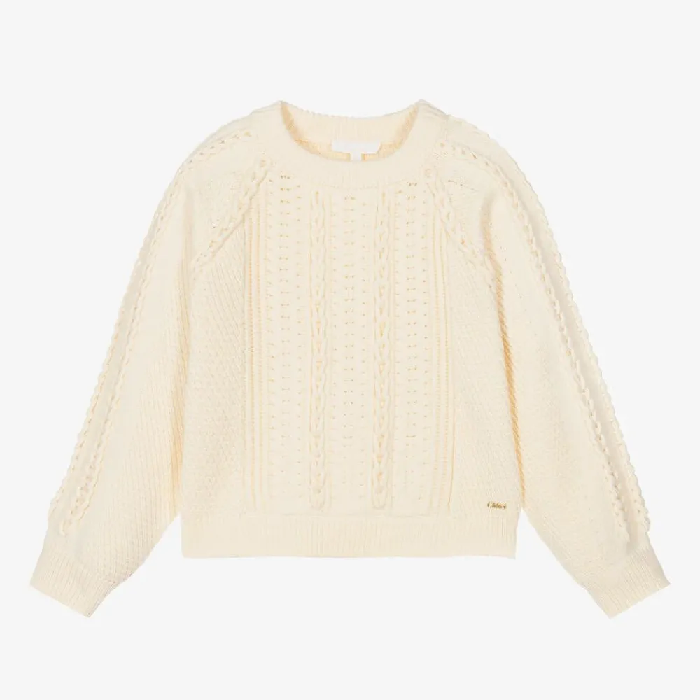 Chloé Tops*Girls Ivory Cotton Cable Knit Sweater