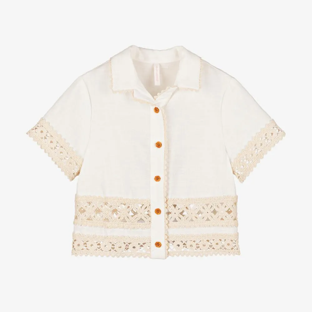 Zimmermann Tops*Girls Ivory Cotton Crochet Trim Shirt