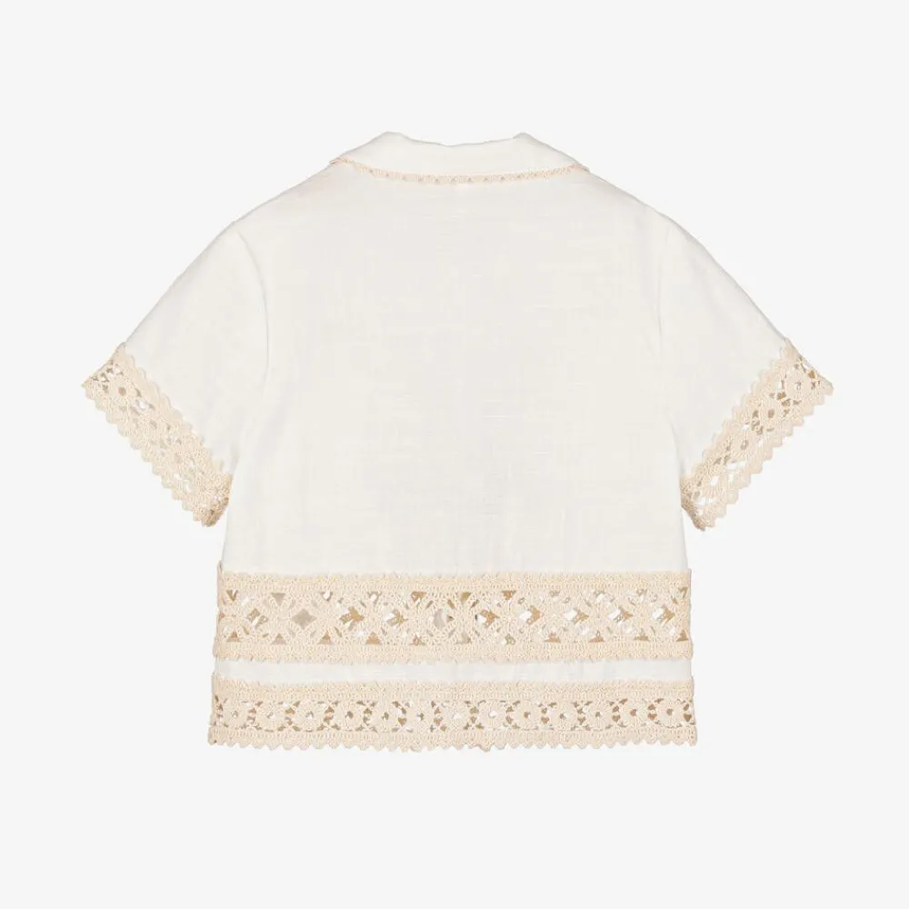Zimmermann Tops*Girls Ivory Cotton Crochet Trim Shirt