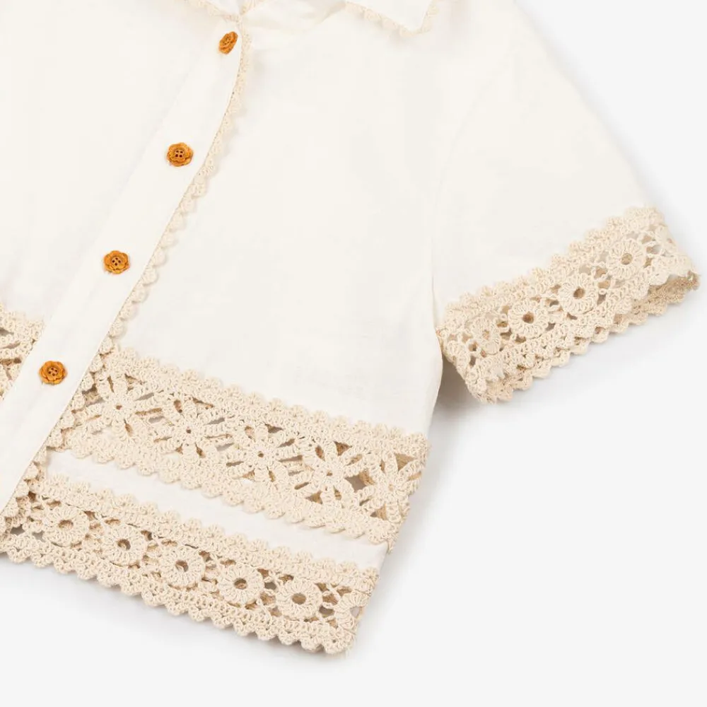 Zimmermann Tops*Girls Ivory Cotton Crochet Trim Shirt