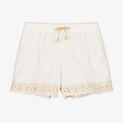 Zimmermann Shorts*Girls Ivory Cotton Crochet Trim Shorts