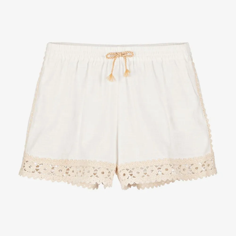 Zimmermann Shorts*Girls Ivory Cotton Crochet Trim Shorts