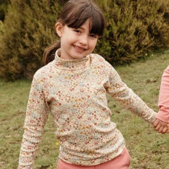 Petit Bateau Tops*Girls Ivory Cotton Floral Roll Neck Top