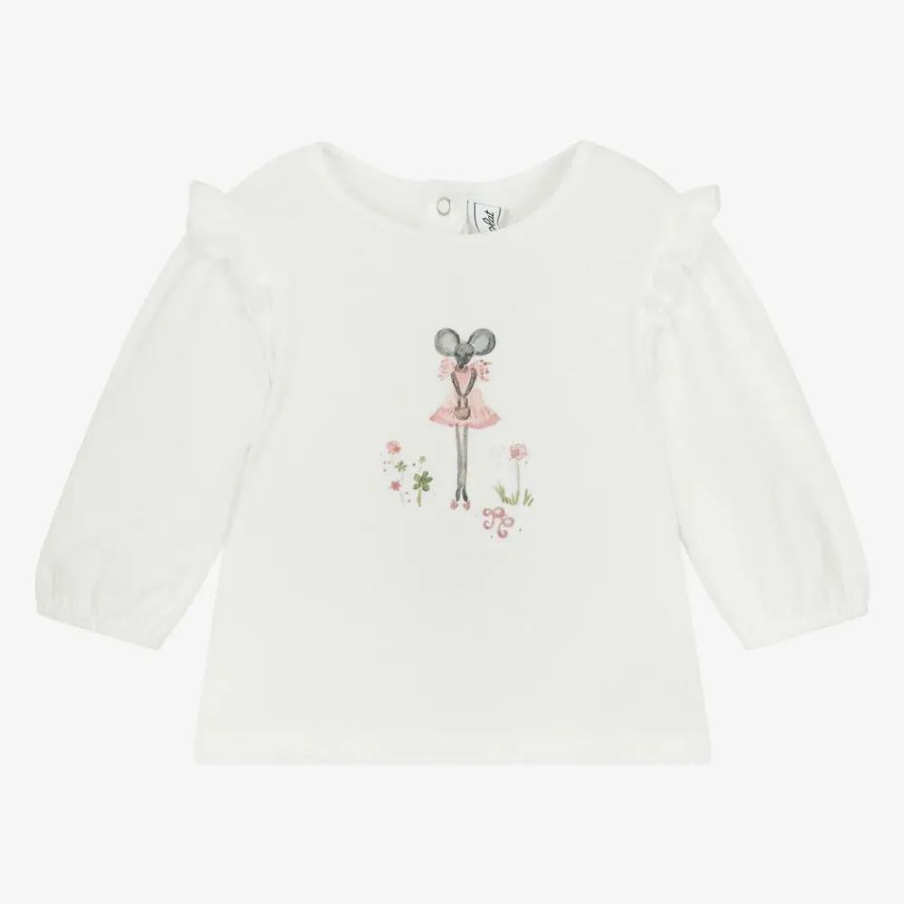 Tartine et Chocolat Tops*Girls Ivory Cotton Mouse Top