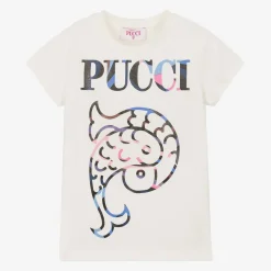 PUCCI Tops*Girls Ivory Cotton Onde T-Shirt