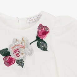 Monnalisa Tops*Girls Ivory Cotton Sequin Flower Blouse