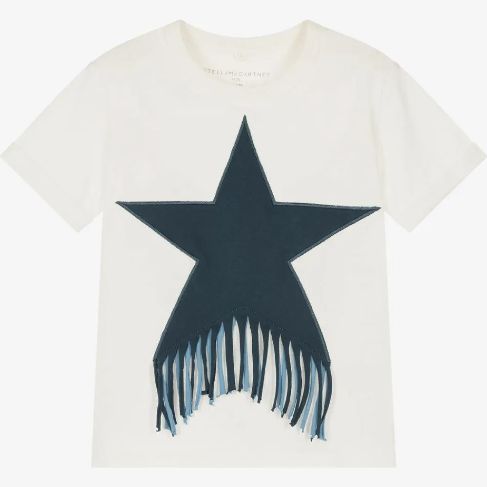 Stella McCartney Kids Tops*Girls Ivory Cotton Star Fringe T-Shirt