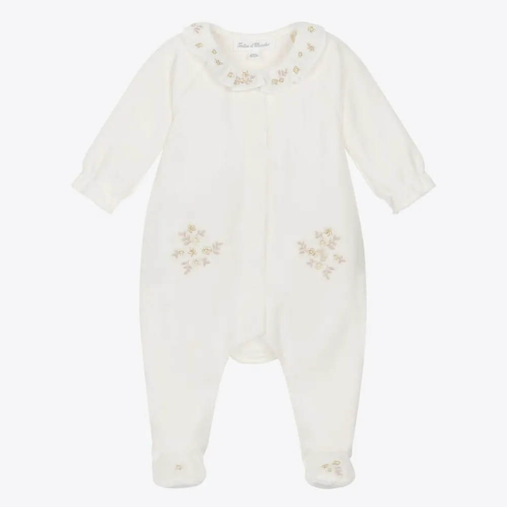 Tartine et Chocolat Babysuits*Girls Ivory Embroidered Velour Babygrow
